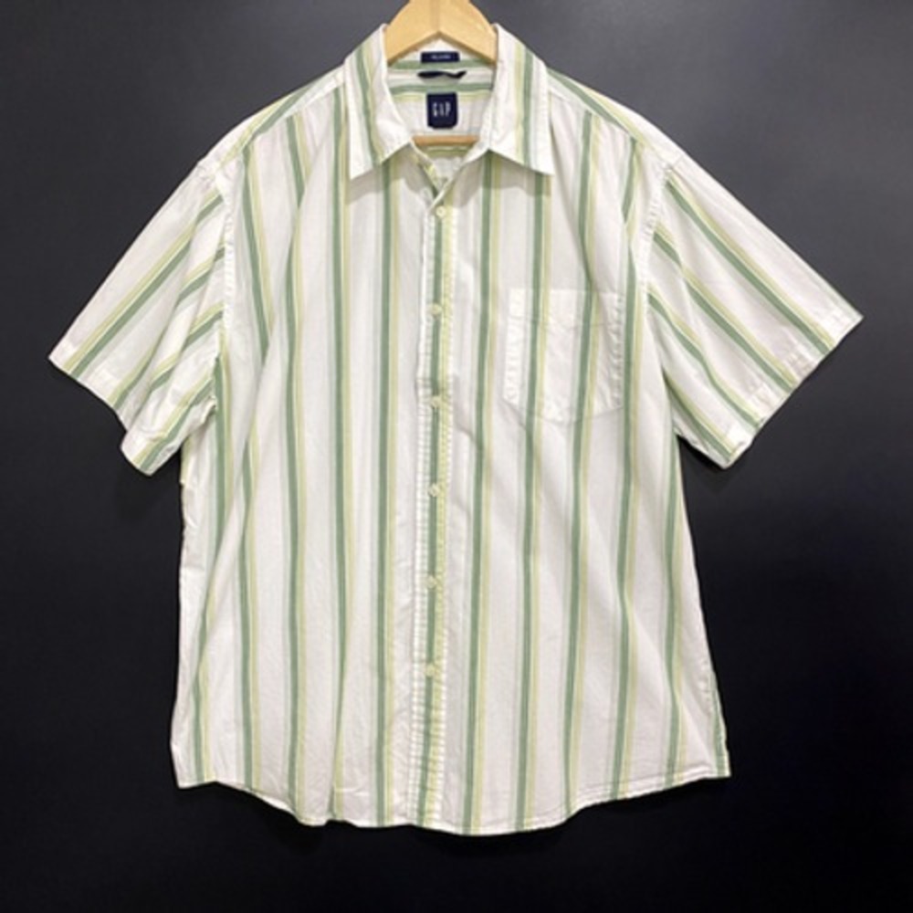 Gap Shirt Mens XL White Green Striped Relaxed Fit Short Sleeve Button Up Cotton